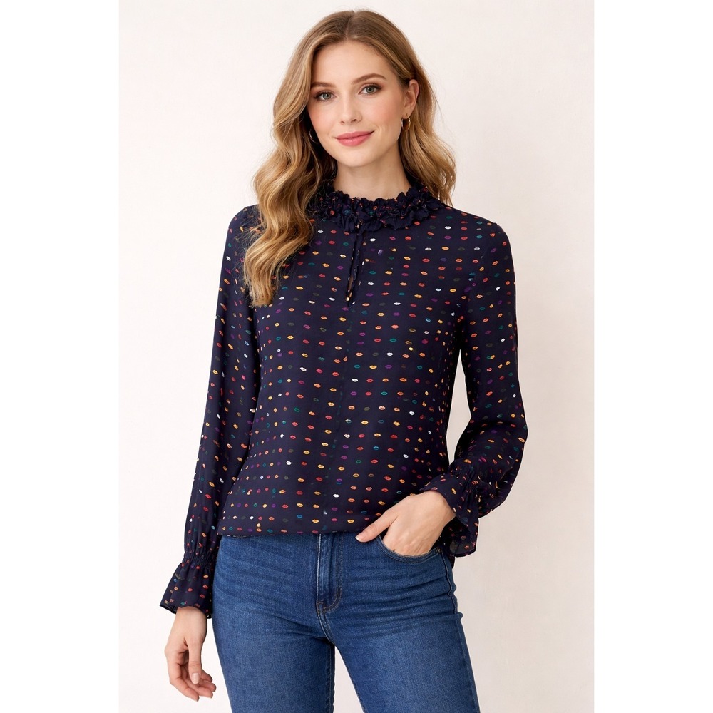 J CREW Women's Size 6 Navy Blue 100% Silk Multicolor Lips Ruffle Neck Top -2645